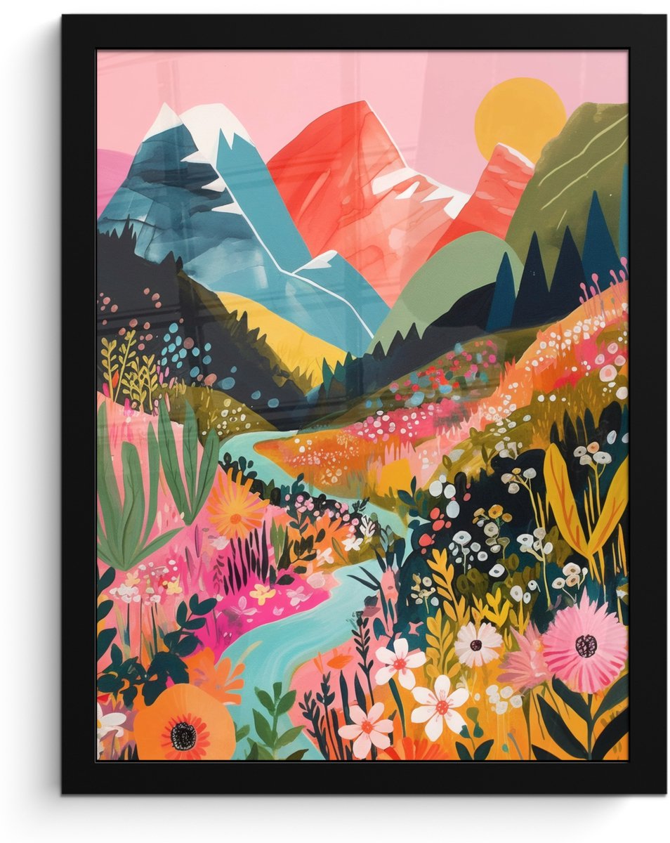 FrameYourWall Poster in lijst - Fotolijst 30x40 cm - Posters - Rivier - Diepte - Bloemen - Posterlijst zwart - Decoratie - Wanddecoratie woonkamer - Muurdecoratie slaapkamer Rivier - Bergen - Kleurrijk