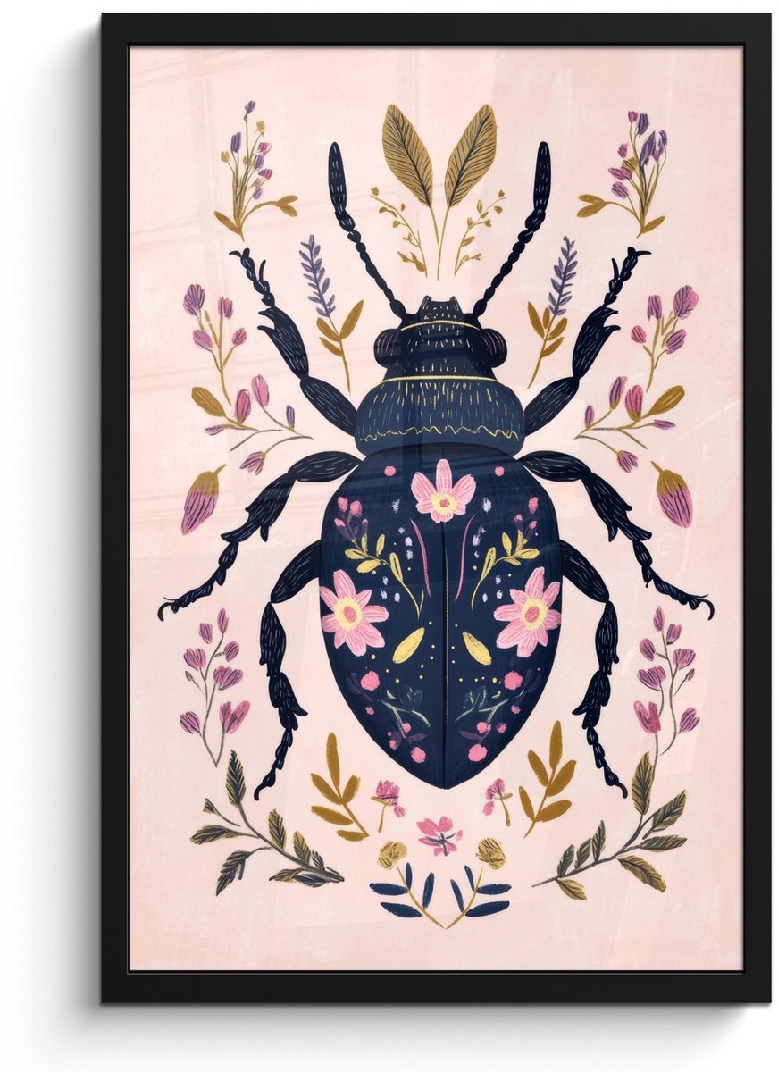 FrameYourWall Poster in lijst - Fotolijst 40x60 cm - Posters - Donkerblauw - Kever - Bloemtakken - Sierlijk - Posterlijst zwart - Decoratie - Wanddecoratie woonkamer - Muurdecoratie slaapkamer Kever - Bloemen