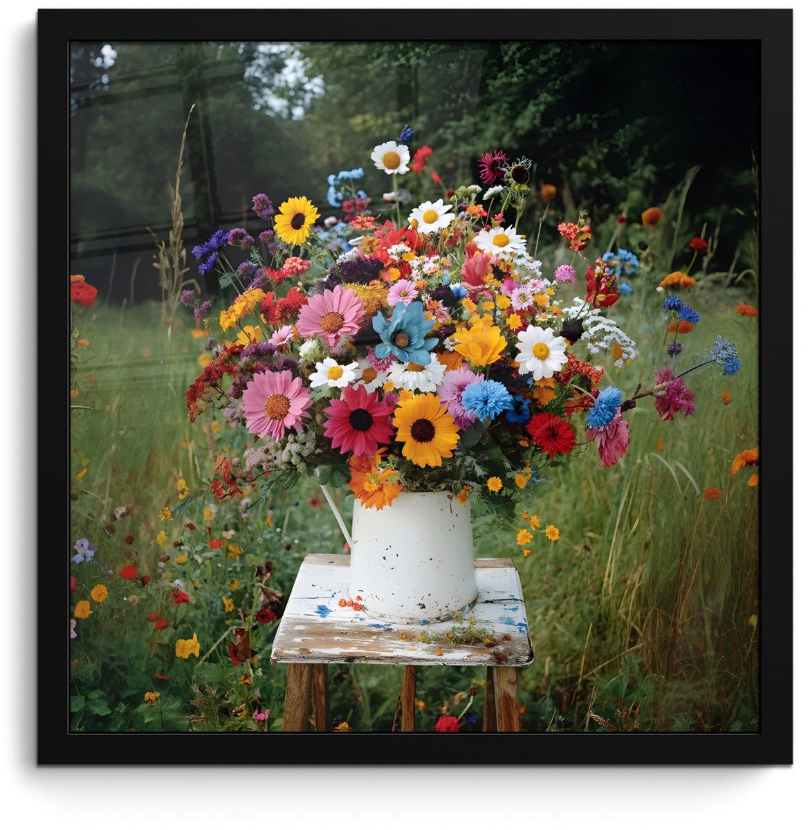 Poster in lijst - Fotolijst 40x40 cm - Posters - Bloemen - Krukje - Gieter - Veld - Poster