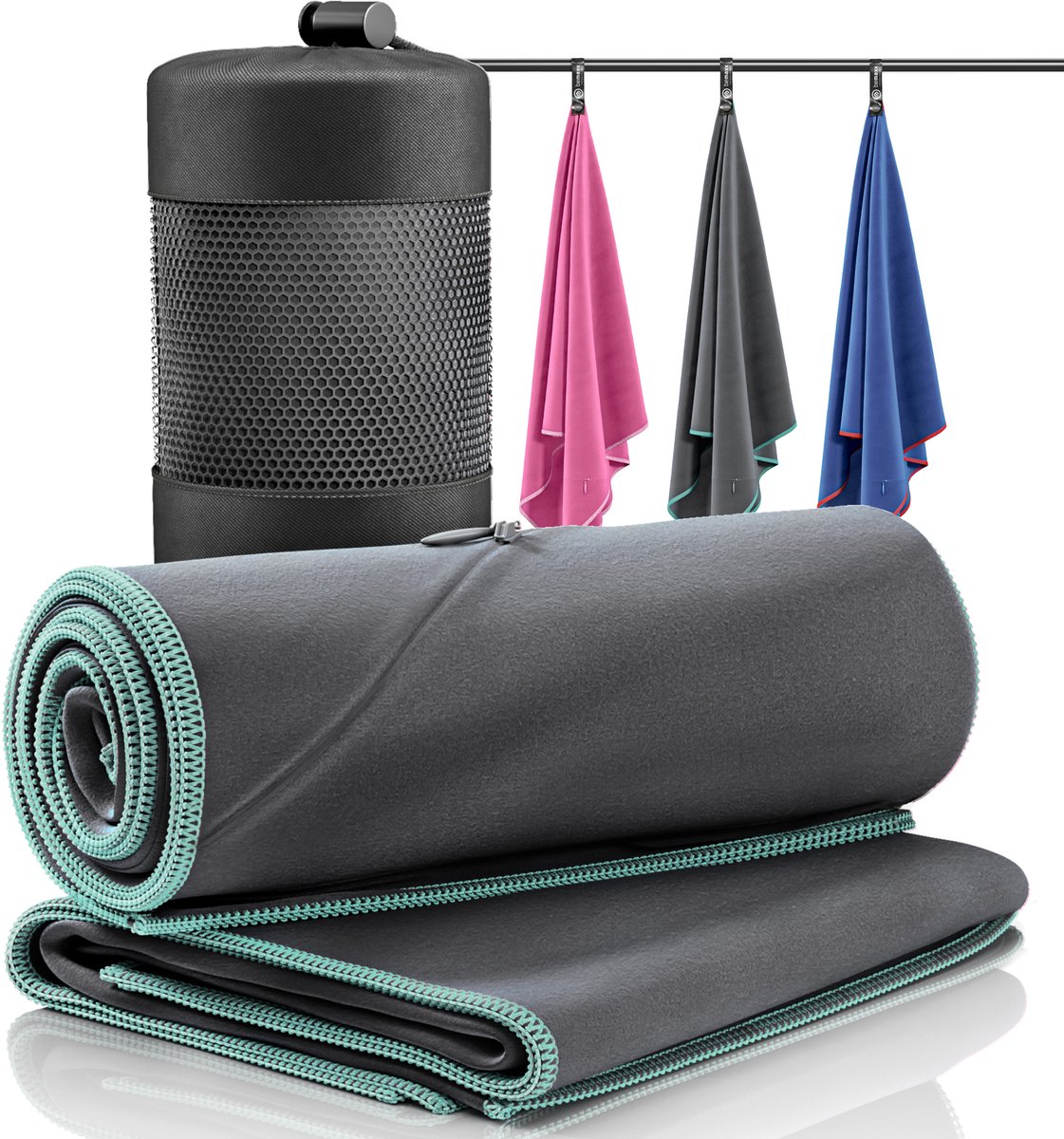bemaxx Microvezel Handdoek, Set van 2 + Opbergzak – Reishanddoek Groot & Klein: Badhanddoek + Handdoek | Sneldrogende Reishanddoek, Sporthanddoek, Absorptie, Licht, Mini, Reizen, Sport, Backpacker, Outdoor - Antraciet