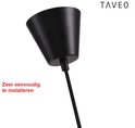 Zwarte ronde plafondkap met een kabel voor een hanglamp. Tekst: TAVEO.