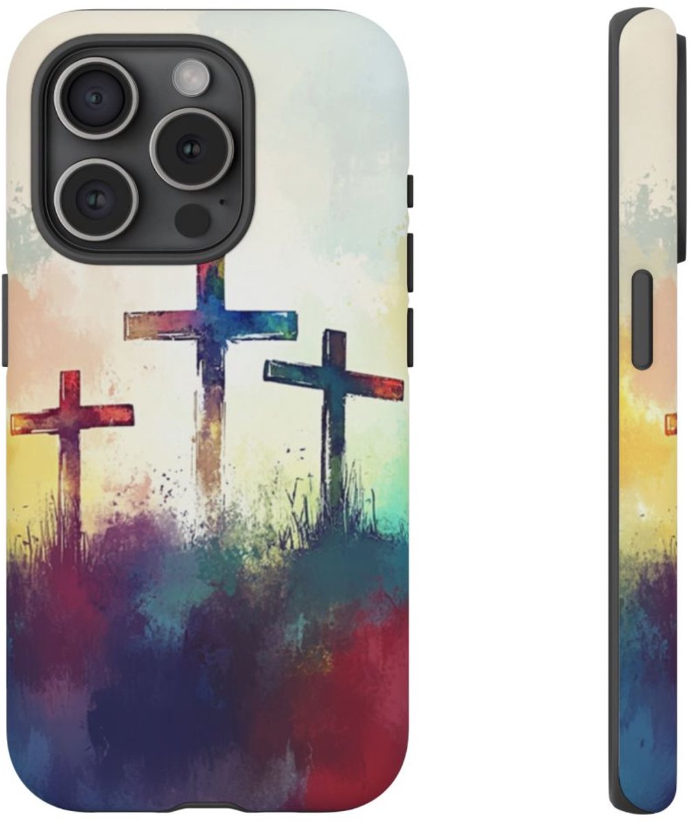 Drie Kruisen in Abstracte Waterverf – Telefoonhoesje Geschikt voor iPhone 15 Pro