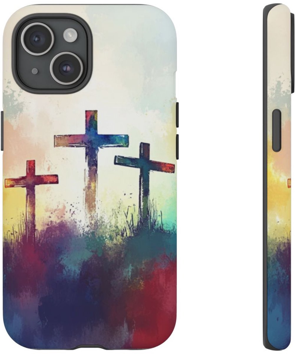 Drie Kruisen in Abstracte Waterverf – Telefoonhoesje Geschikt voor iPhone 15