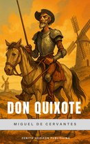 Don Quixote op zijn paard met in de verte windmolens. Geschreven door Miguel de Cervantes.
