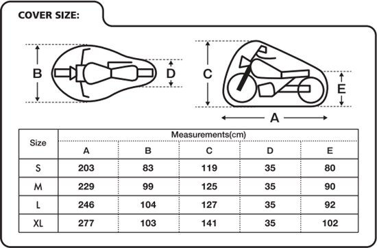 Afmetingen van de Vinz motorhoes in verschillende maten: S, M, L, XL.