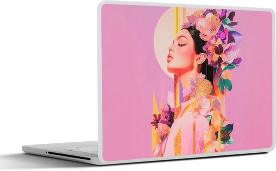 Laptop sticker - 17.3 inch - Vrouw - Bloemen - Paars - Abstract - 40x30cm - Laptopstickers - Laptop skin - Cover