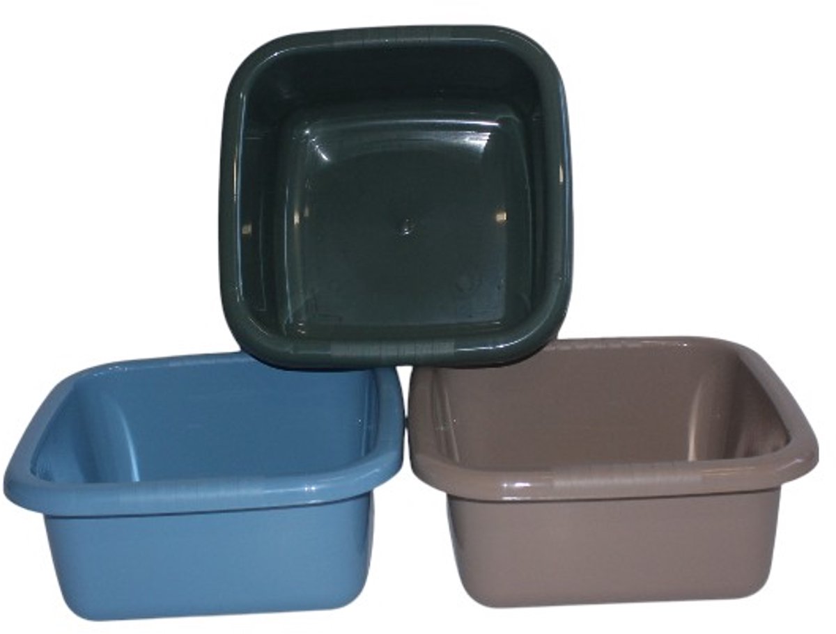HL - Set 3x stuks - Afwasbakken - Wasbakken - Afwasteil - Afwasbak - Camping - Vierkant - 3 Kleuren - 8 Liter - 30x30x14 cm