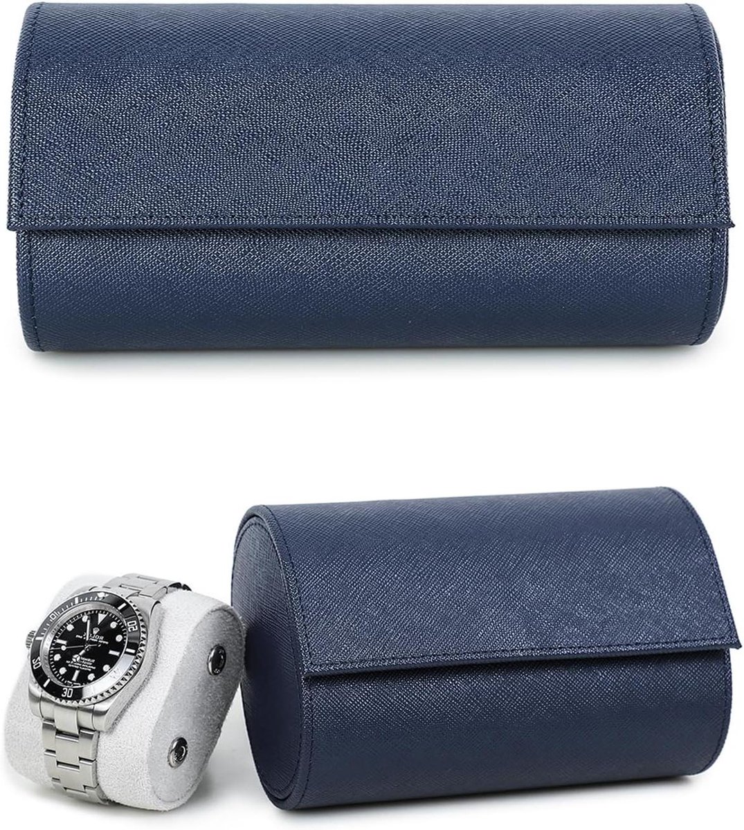 Allecto Plus: Handgemaakte Opberghoes voor 2 Horloges van Echt Leer - Reis Horlogehouder met Blauw Saffiano Ontwerp - Luxe Draagbare Case met Verwijderbare Kussens