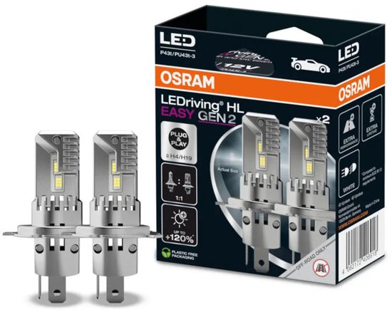 Twee zilverkleurige Osram LEDriving HL EASY Gen2 H4/H19 koplampen met doos.