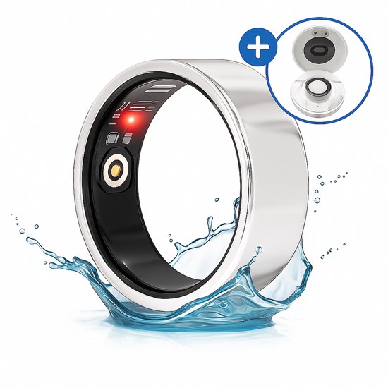 SyncGear Smart Ring - Slimme Ring voor Heren & Dames Inclusief Oplaadcase – Stappenteller - Activity Tracker - SpO2 - Zonder Abonnementskosten - IP68 Waterdicht - Nederlandse App - Maat 8 (Europese Maat 57) - Kleur: Zilver