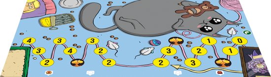 Een schuine weergave van het Exploding Kittens bordspel, met een grote kat, muizen, een teddybeer en spelpaden.