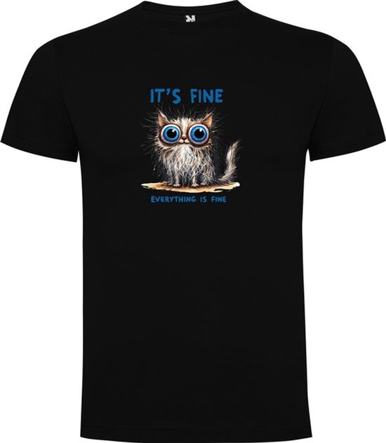 Zwart T-Shirt met “Volledig Gestresste Kat- It's Fine - Het gaat prima“ Print Full Color Maat 5XL