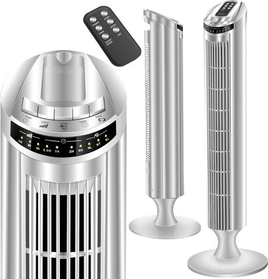 Torenventilator zilver met afstandsbediening, stille luchtcirculatie, oscillatie en timer, mobiel en slank design
