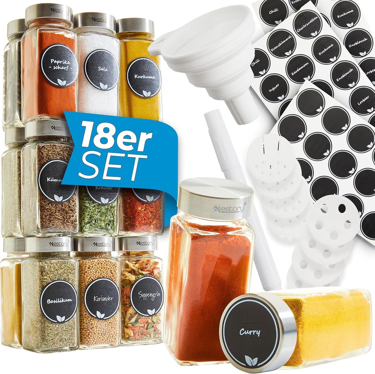 Set kruidenpotjes met roestvrijstalen deksel - luchtdicht, 18 stuks - 120 ml