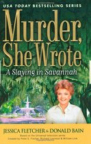 Boekomslag van 'Murder, She Wrote: A Slaying in Savannah' met Jessica Fletcher. Groene achtergrond met fontein.