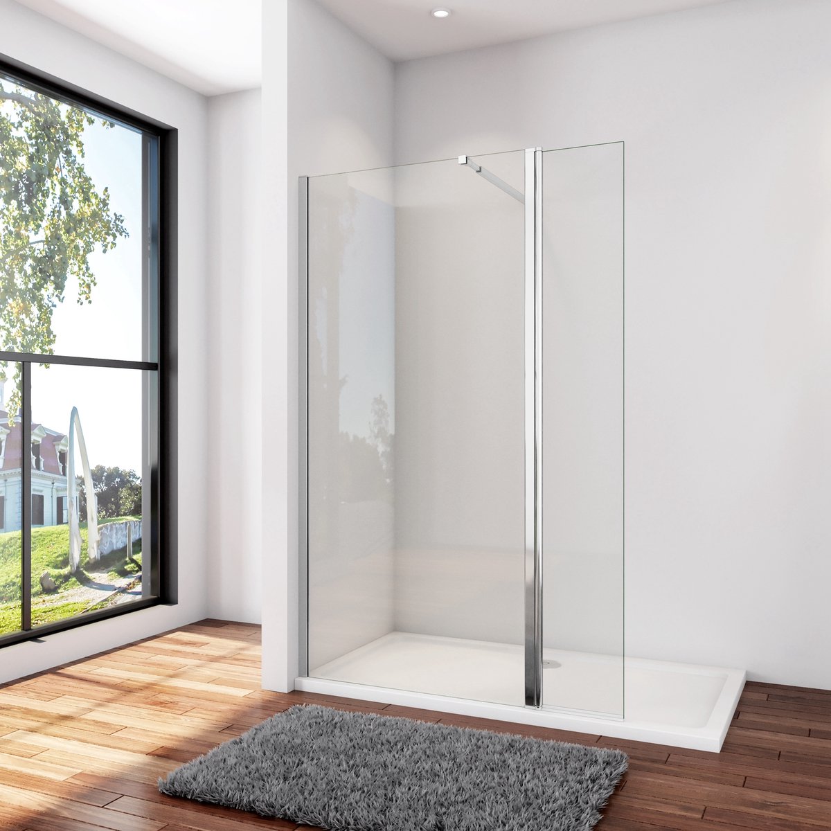 Inloopdouche-douchewand-walk in 8mm NANO EasyClean veiligheidsglas，120x200cm+30x200cm draaibaar hoekprofiel+73-120cm Stabilisatiestang,glanzend chroom profiel
