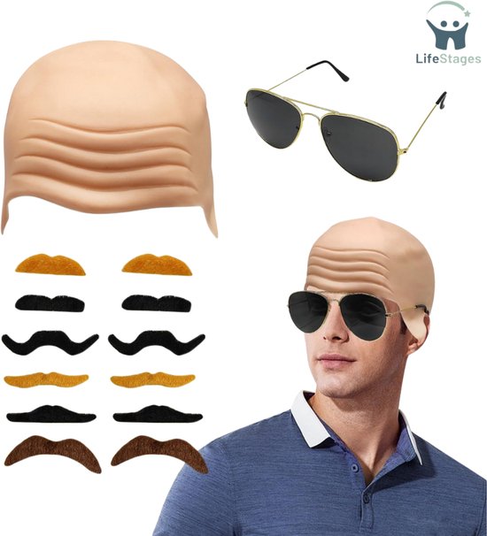 EUPSIIU Latex kaalmasker met kale kop, dikke dikke latex kale kap voor volwassenen, elastisch haarnet, zonnebril, snor pruik, kap, kostuum, Halloween, accessoires, cosplay hoed (3 stuks