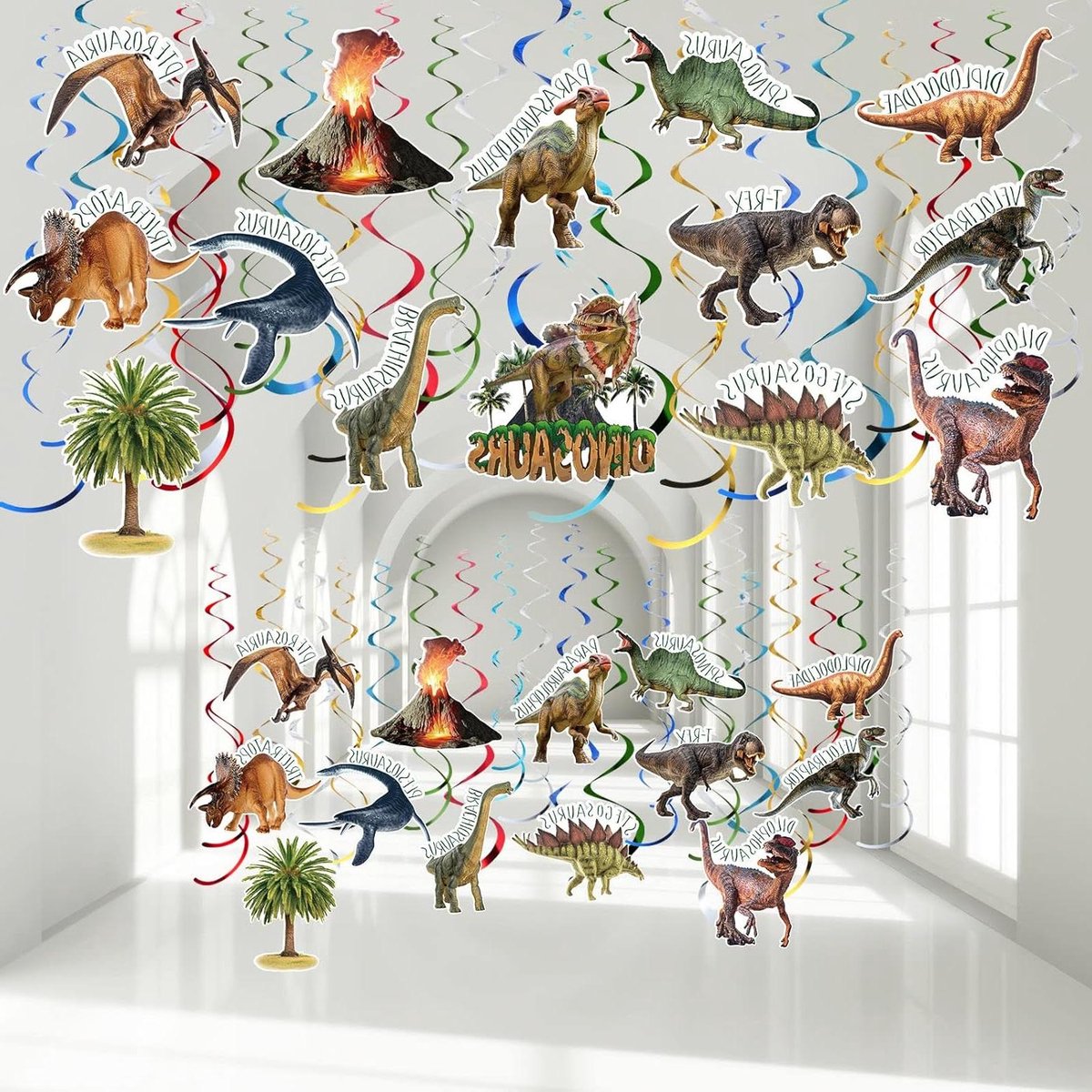 Allecto Plus - Dinosaur Hangende Wervels Verjaardagsfeest Decoratie - Jungle Thema Feestartikelen - Spiraal Streamers voor Jongen Meisje Baby Shower - 57 Stuks.