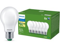 Philips UltraEfficient LED lamp Mat - 60W - E27 fitting - Warmwit licht; 2700K - Ultra Efficiënt: Energielabel A - 6-pack