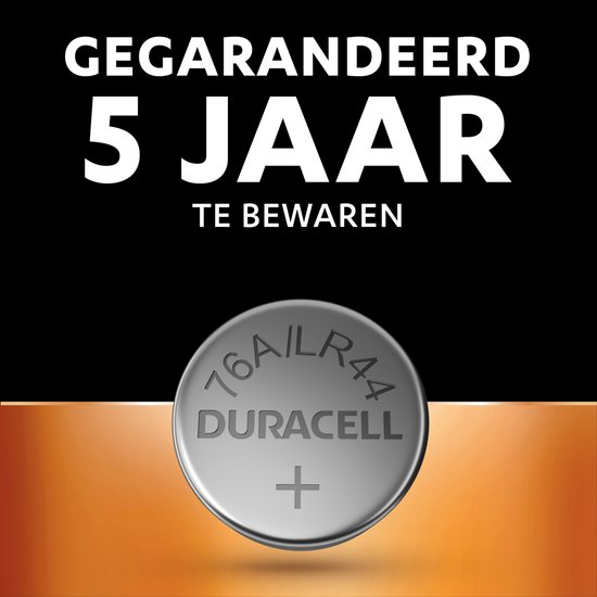 Duracell LR44 batterij, met tekst 'Gegarandeerd 5 jaar te bewaren'.