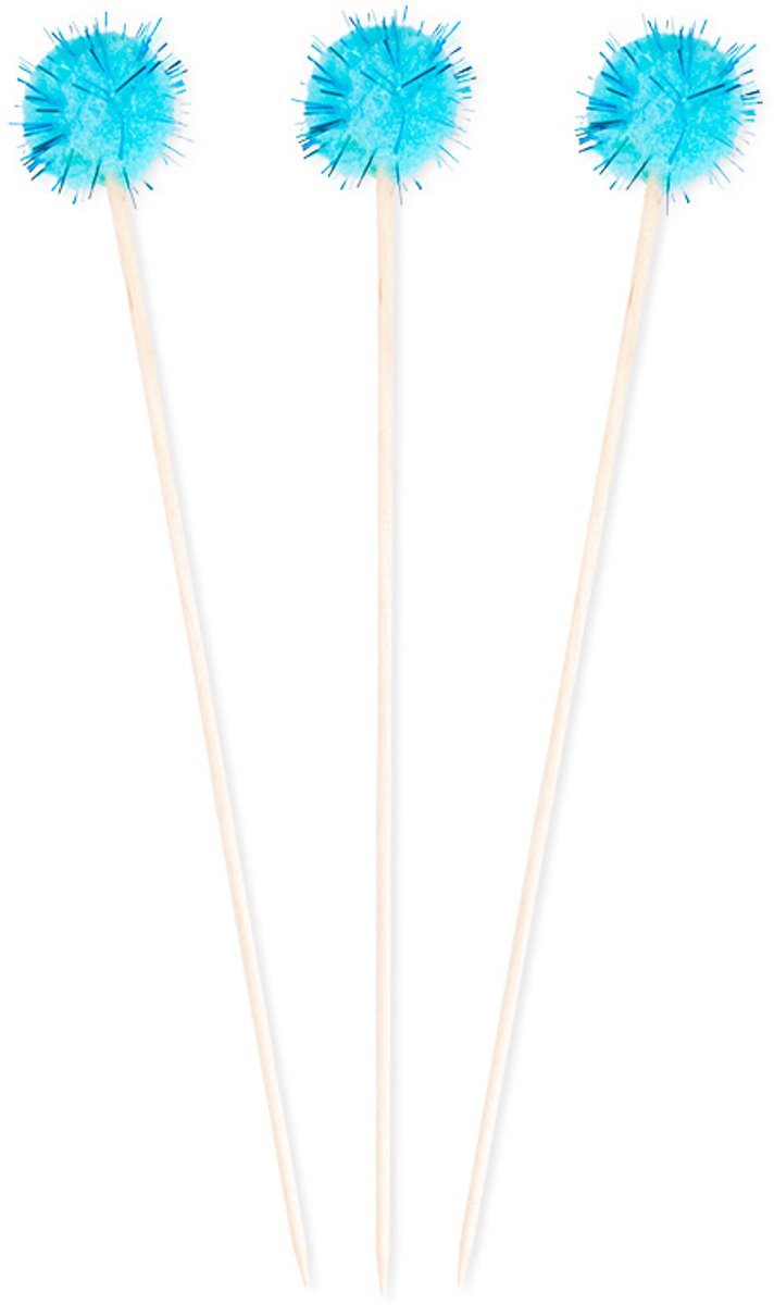 Zakje Geboorte cocktail prikkers | blauwe pompoms | breedte 2.5 cm | 12 stuks