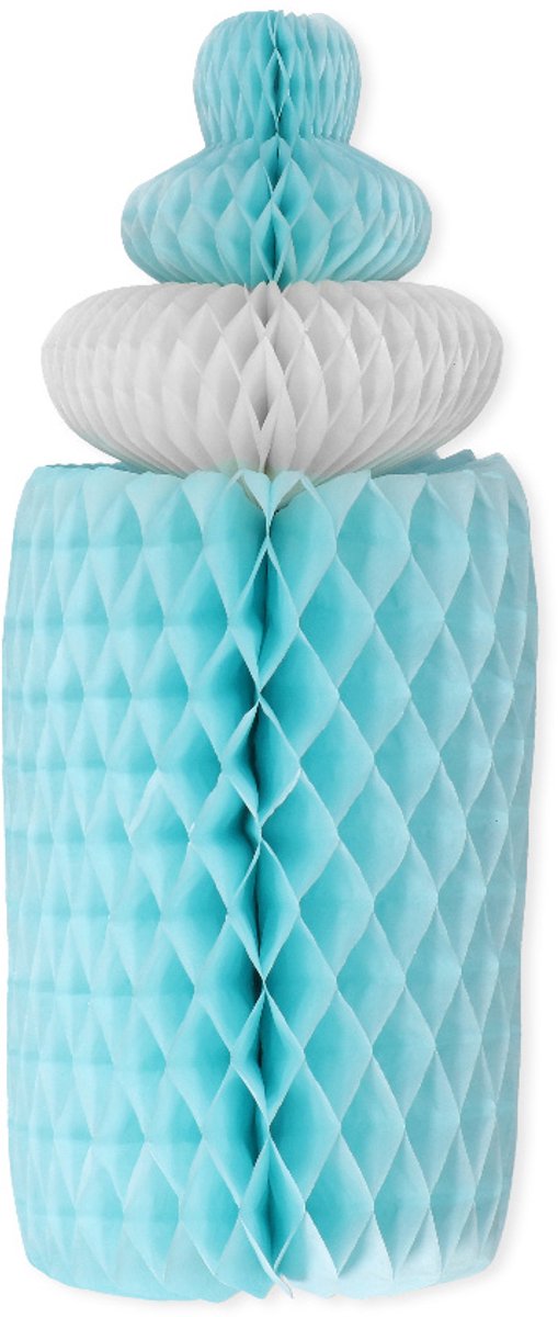 Decoratie pompom | Baby shower | blauw | hoogte 30 cm | doorsnede ca. 14 cm. | vorm babyfles