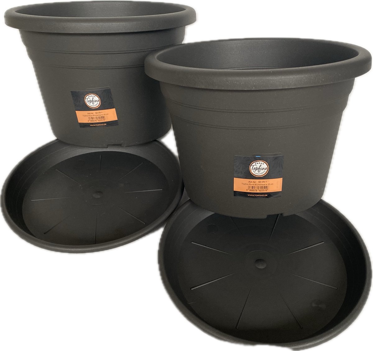 Set van 2 stuks - Bloempotten met Onderzetters - Plantenpot met Schotel - 25 x 17 cm - Kunststof - Antraciet
