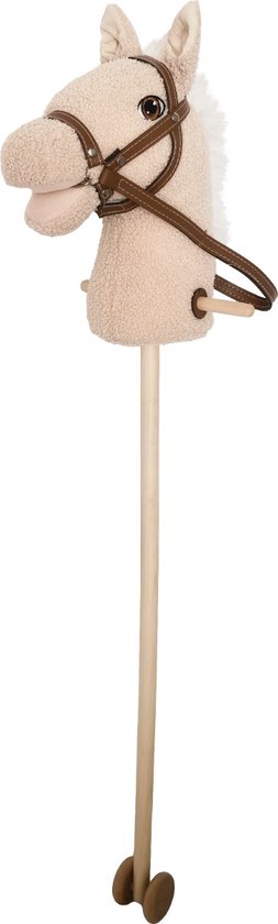 Off-white bouclé stokpaard met bruine hoofdstel en witte manen. Met wieltjes.