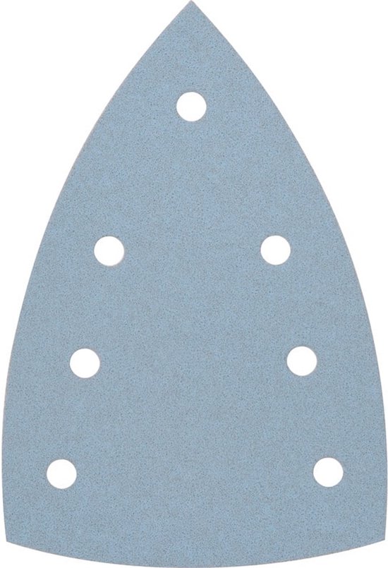 Een driehoekige, lichtblauwe schuurzool met 7 perforaties.
