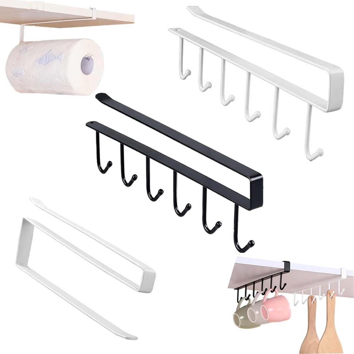 Allecto Plus - Ophangrek voor mokken en bekers - Keukenorganizer - Handdoekhouder - Set van 3 - Zwart en wit