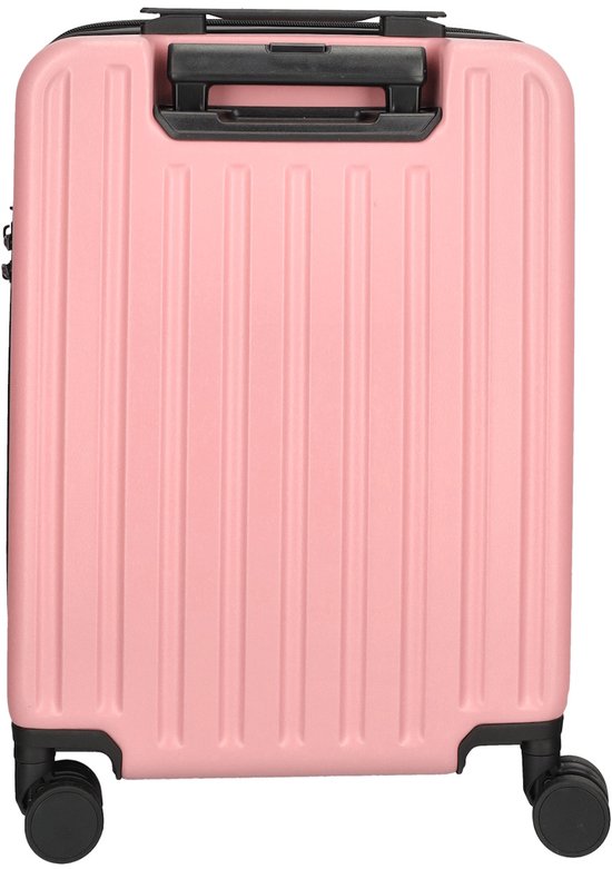 Roze koffer met verticale ribbels en een zwarte handgreep.