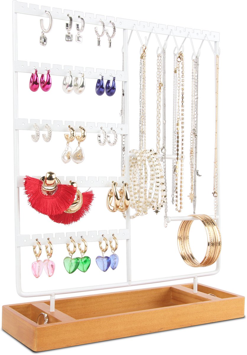 Posity Sieradenrekje – Sieradenhouder – Oorbellenrekje – Juwelen houder – Voor kettingen/armbanden/ringen/Juwelen – Hout & metaal – Wit