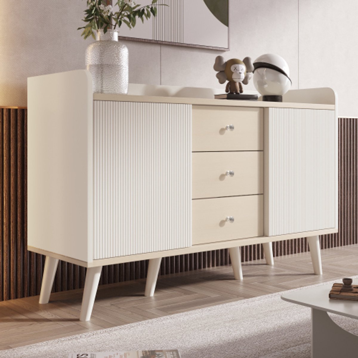 Dressoir met drie lades, prachtige nerf. Dressoir voor slaapkamer en woonkamer, modern dressoir in houtkleur met opbergplanken. L117,5 cm.