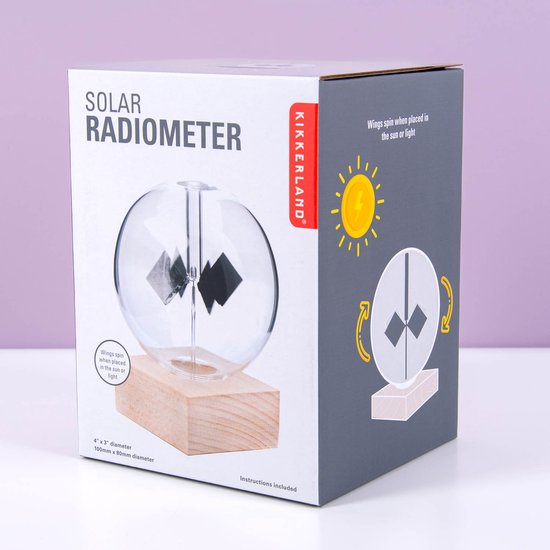 Kikkerland doos met "Solar Radiometer" erop, toont een glazen bol op houten voet.