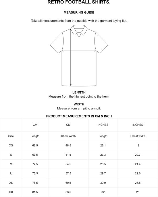 Maattabel voor retro voetbalshirts met lengte en breedte in cm en inches.