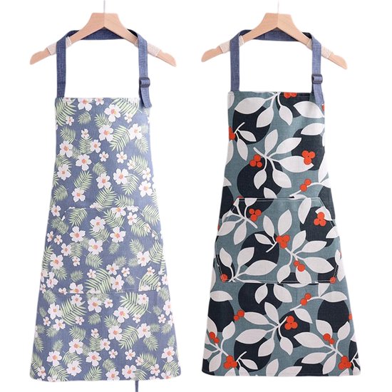 Tablier imperméable pour femme avec poche - Tablier floral ajustable - Pour cuisiner, Jardinage, BBQ ou des pâtisseries - Imprimé Bloem Blauw et fruits - 1 pièce