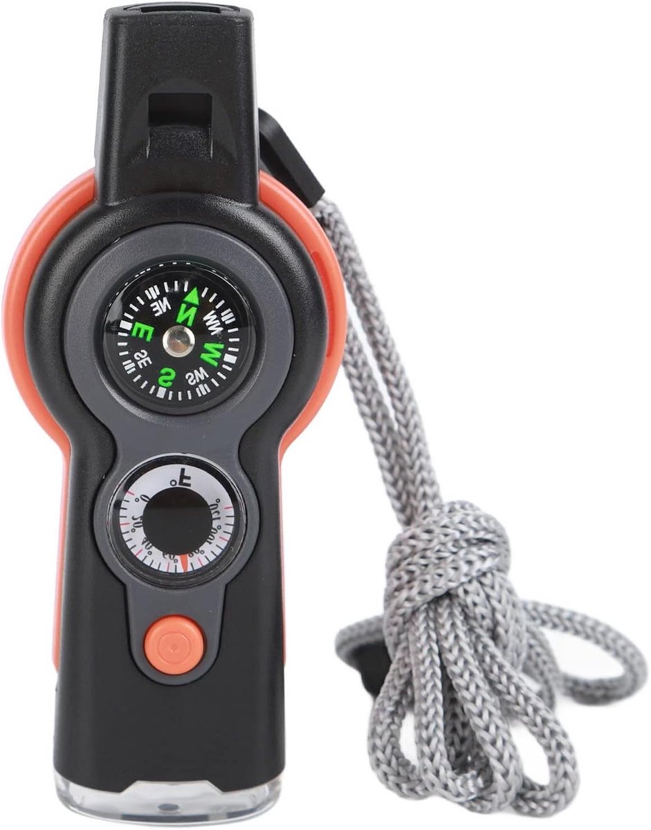 Allecto Plus - Noodfluit 7-in-1 met kompas en thermometer voor kamperen, wandelen, verkennen en jagen (Oranje)
