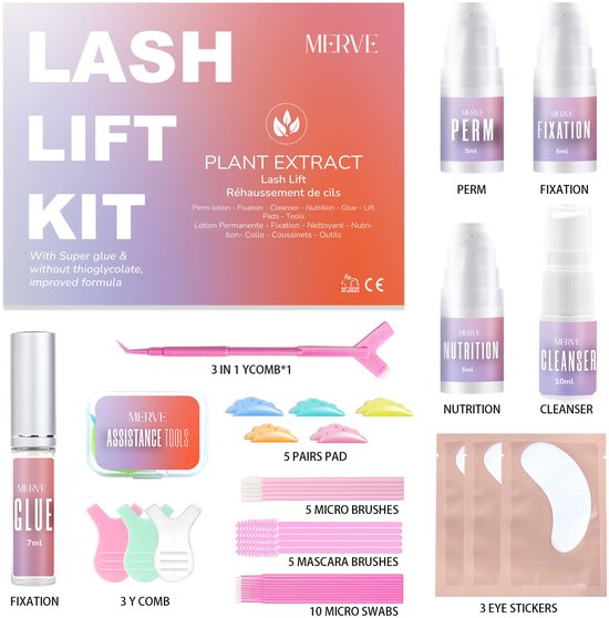 Merve Lash Lift Kit met 48 onderdelen. Bevat lotions, lijm, reiniger, voeding, diverse tools en borsteltjes. Met "Super glue" en verbeterde formule.
