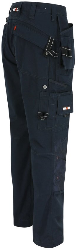 Donkerblauwe werkbroek met zakken en bretels, oranje details en herock logo.