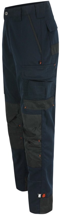Donkerblauwe werkbroek, zij-aanzicht, met zwarte verstevigde cargo zakken en kniezakken.
