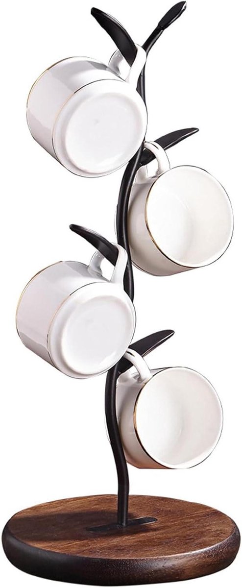 Allecto Plus - Mok boomhouder opbergrek keuken houten beker houder 4 bladhaken thuisbar café-accessoires