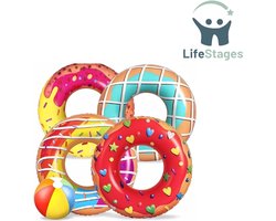 LifeStages - Floaties voor in Het Zwembad - 5 Stuks Donut-Opblaasbare Zwembandjes - 4 Stuks 75cm Donut-Zwembandjes met 35cm Strandballen - Opblaasbare Buizen Drijvend Speelgoed voor Kinderen en Volwassenen - Strand Zwembadfeest