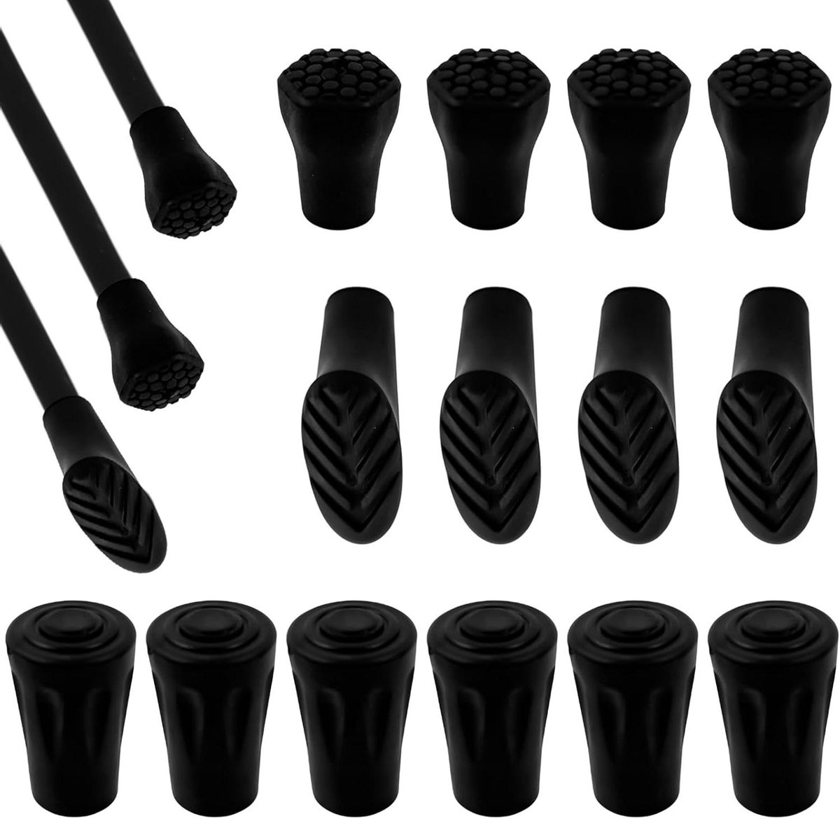 Allecto Plus - Rubberen doppen Nordic Walking stokken 14 stuks voor wandelstokken en trekkingstokken - 3 stijlen - asfalt grind bergen wandelen - Bescherming en grip