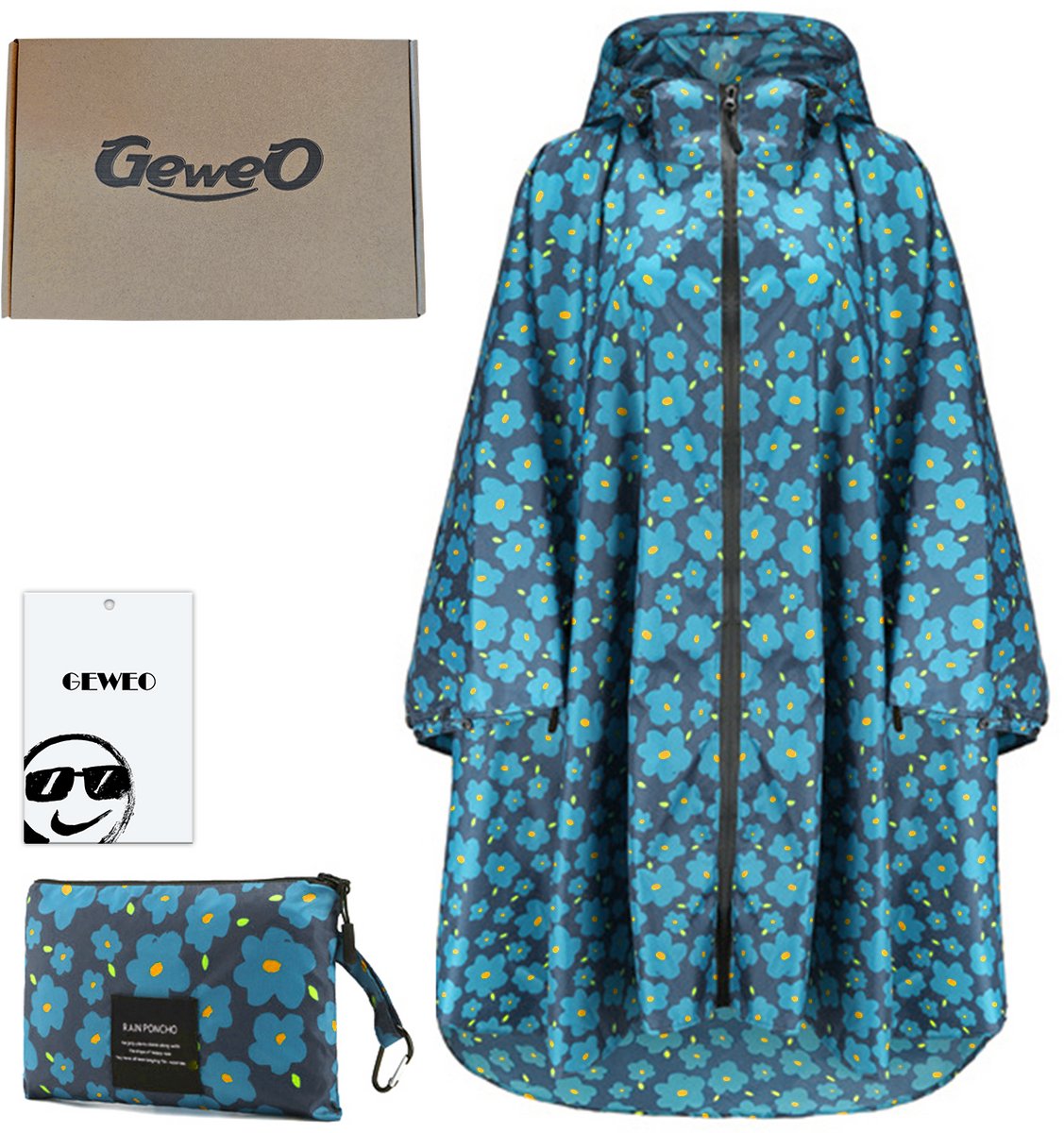 Geweo Regenponcho Volwassenen - Waterdichte Fietsponcho Unisex - Ajusteerbare Capuchon & Snap-buttons - One Size Herbruikbaar - Fietsen & Outdoor-Blauwe Bloemen