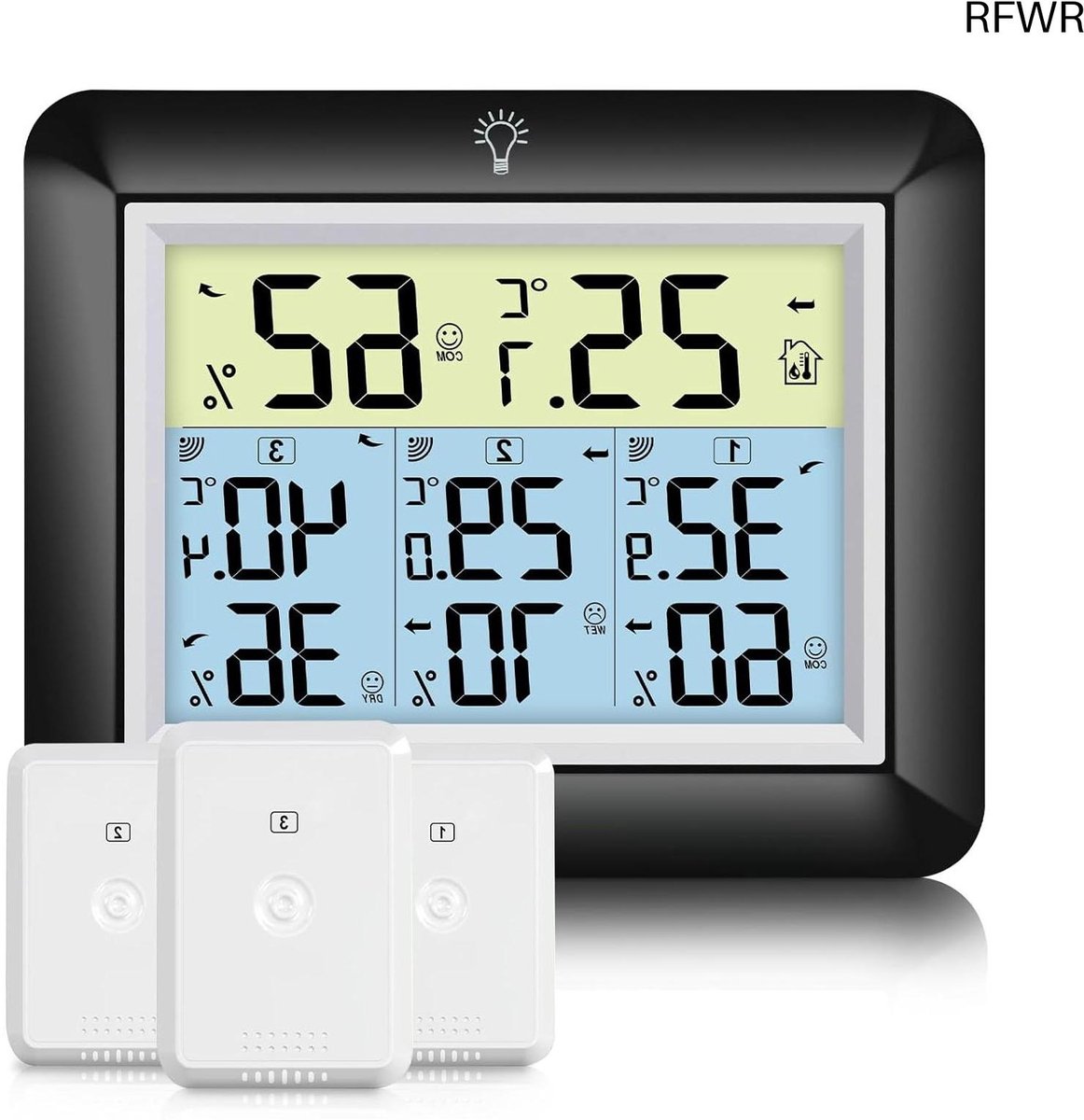 RFWR® Draadloze thermometer met 3 buitensensoren en groot LCD-display voor binnen en buiten