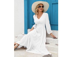 Dames lange avondjurk elegante cocktailjurk tuniek casual jurk V-hals dunne lange mouwen Wit XXL