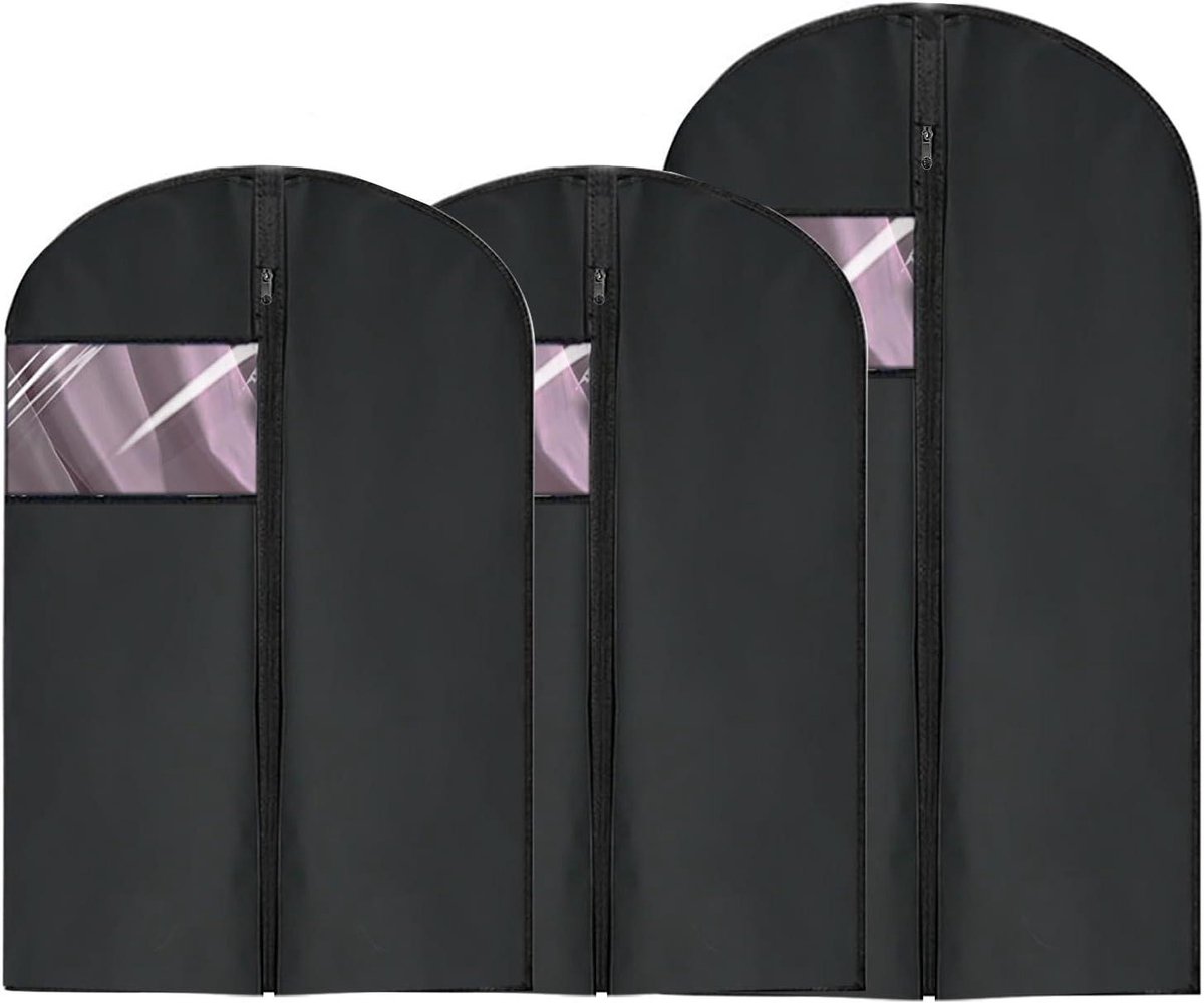 Allecto Plus - Set van 3 kledingtassen met helder raam • Zwart • Incl. 2 wasbare kledingzakjes • Voor pakken • Formaat 60 x 100 cm • 1 ademende kledinghoes • Lang formaat 60 x 120 cm.