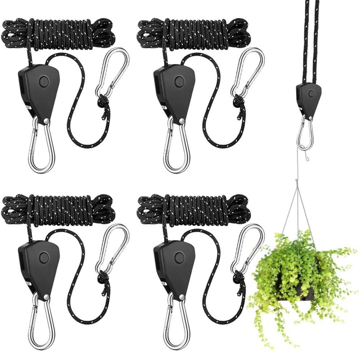 Allecto Plus - Ratelhanger met verstelbare touwhaken voor kamerplanten en plantenventilator - 4 stuks