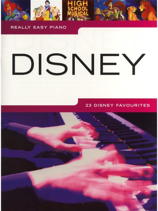 Livre intitulé 'Disney Really Easy Piano', avec des images Disney et des mains jouant du piano.