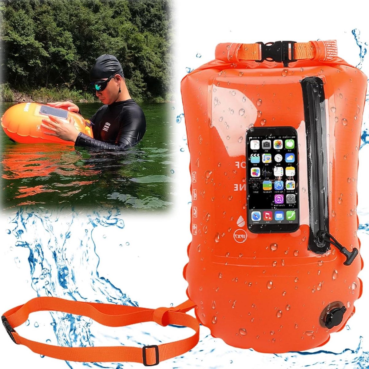Allecto Plus - Zwemboei opblaasbaar met telefoonvak voor veilig zwemmen in open water - watersport droogtas voor triatlons en snorkelen